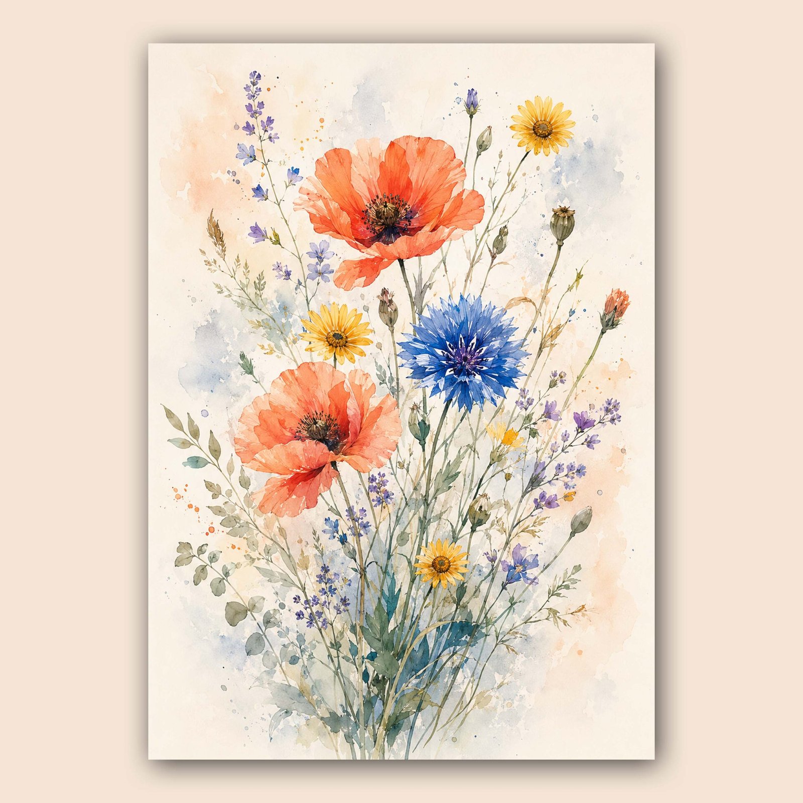 Bouquet floral aquarelle aux couleurs corail, bleu, jaune et lilas