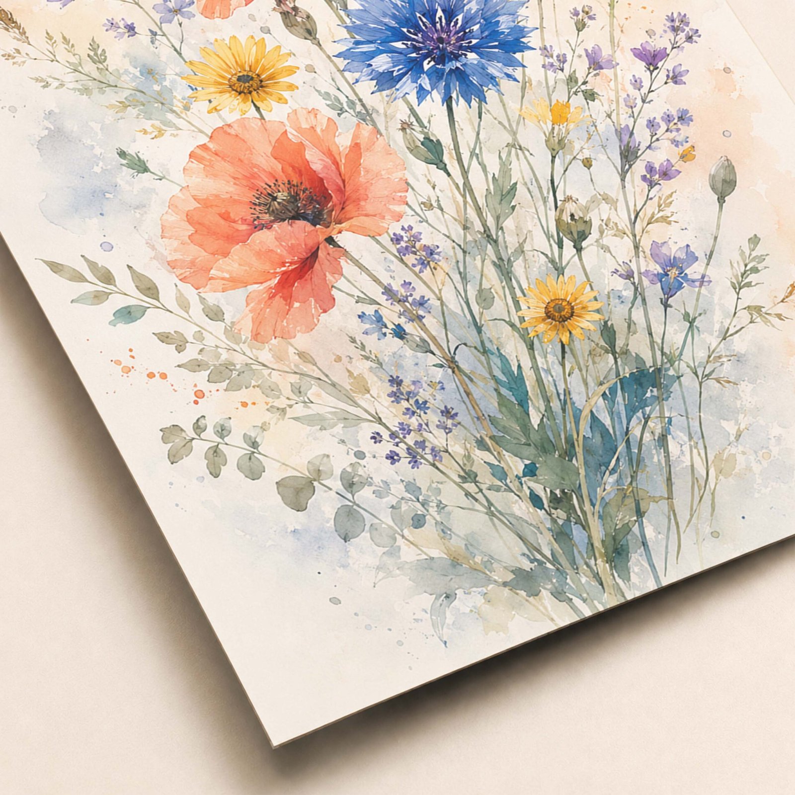 Détail du bouquet de fleurs sauvages aquarelle avec pétales corail et fleurs bleues