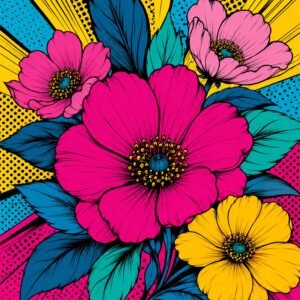 Affiche représentant un bouquet de fleurs éclatantes dans un style pop art assumé. Les pétales fuchsia, les touches de jaune et les feuilles bleu pétrole créent un contraste fort, plein de caractère
