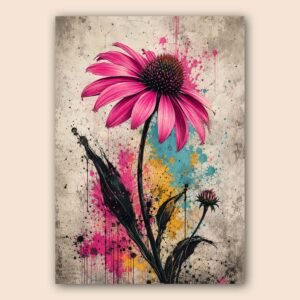 Affiche d’une fleur rose graphique avec touches de bleu, jaune et noir