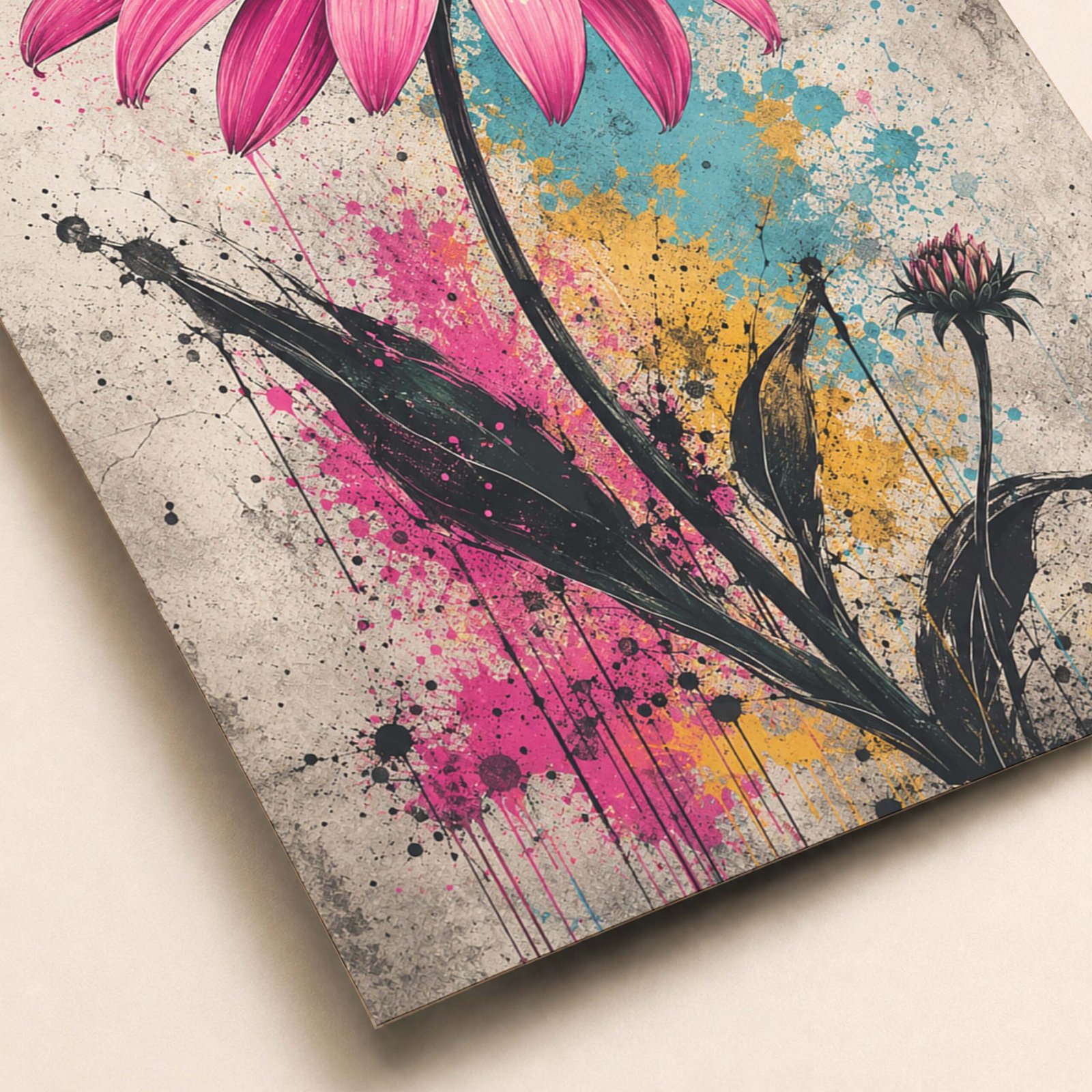 Zoom sur les pétales roses et les éclaboussures de peinture