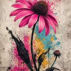 Affiche représentant une grande fleur rose au tracé expressif, relevée par des éclaboussures de couleur qui lui donnent un vrai caractère décoratif. Le contraste entre les pétales fuchsia, les tiges noires et le fond minéral crée une présence forte, sans alourdir l’espace