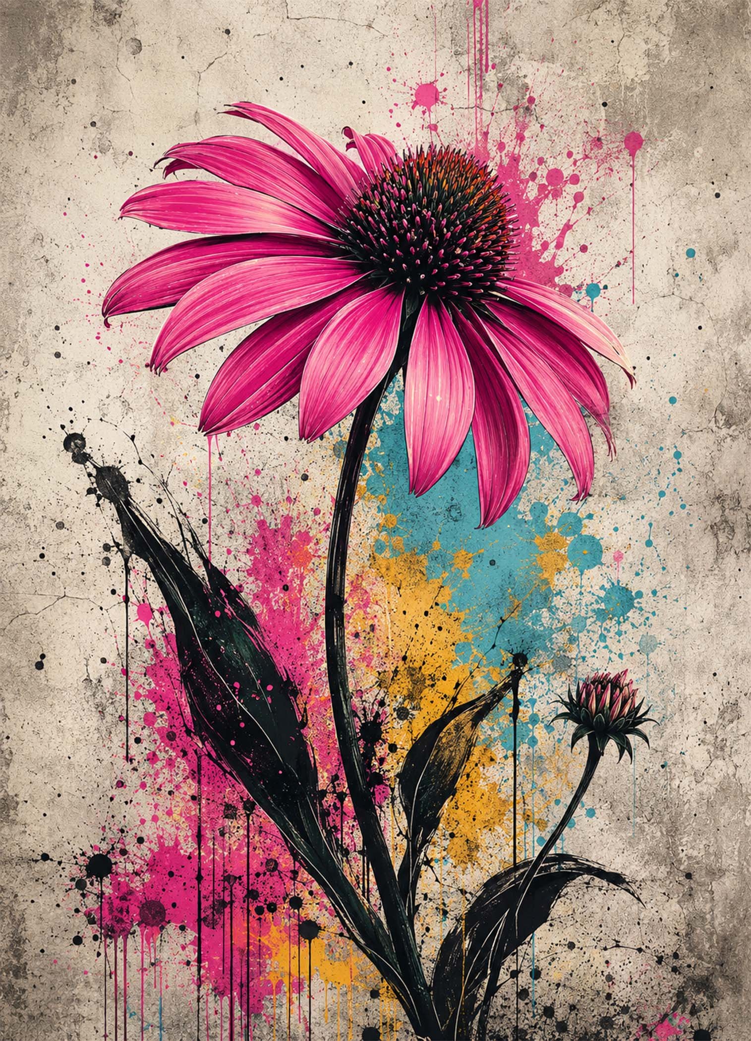 Affiche représentant une grande fleur rose au tracé expressif, relevée par des éclaboussures de couleur qui lui donnent un vrai caractère décoratif. Le contraste entre les pétales fuchsia, les tiges noires et le fond minéral crée une présence forte, sans alourdir l’espace
