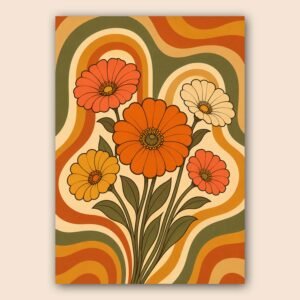 Bouquet de fleurs stylisées orange et crème sur fond rétro