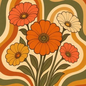 Affiche représentant un bouquet de fleurs stylisées au charme rétro, porté par des formes douces et des contours graphiques bien dessinés