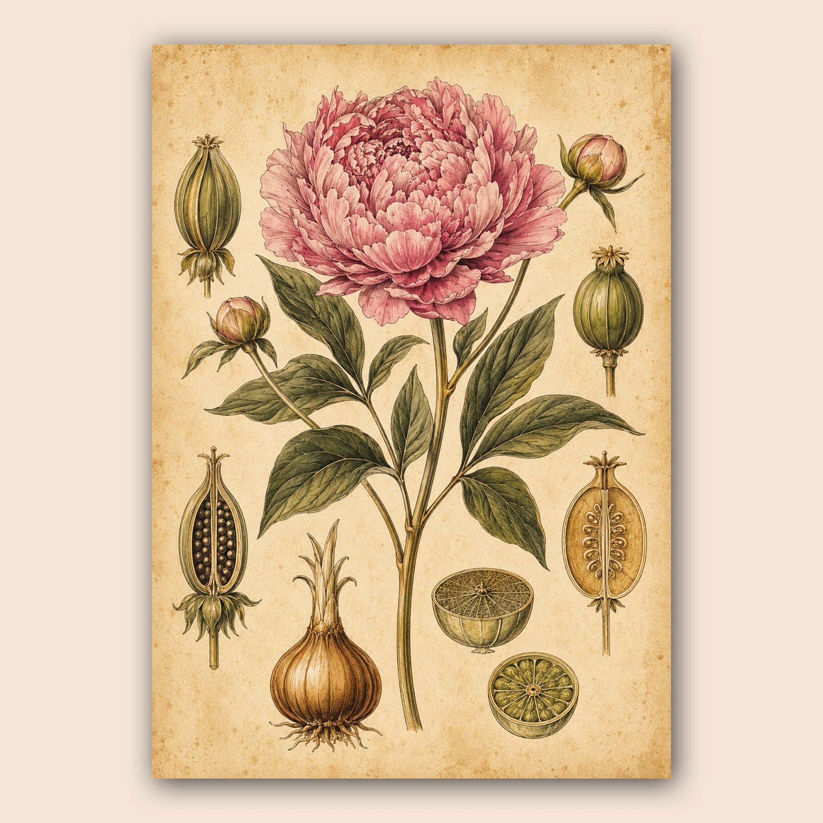 Pivoine botanique rose avec feuillage vert et éléments de graines