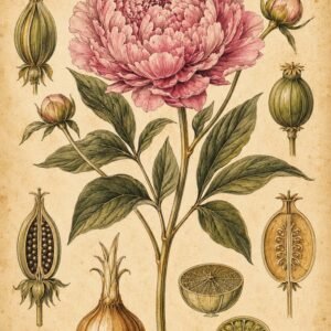 Affiche représentant une grande pivoine rose au style botanique ancien, entourée de graines et de bulbes finement illustrés. Le rendu est délicat, précis et plein de charme, avec une vraie sensation d'herbier décoratif