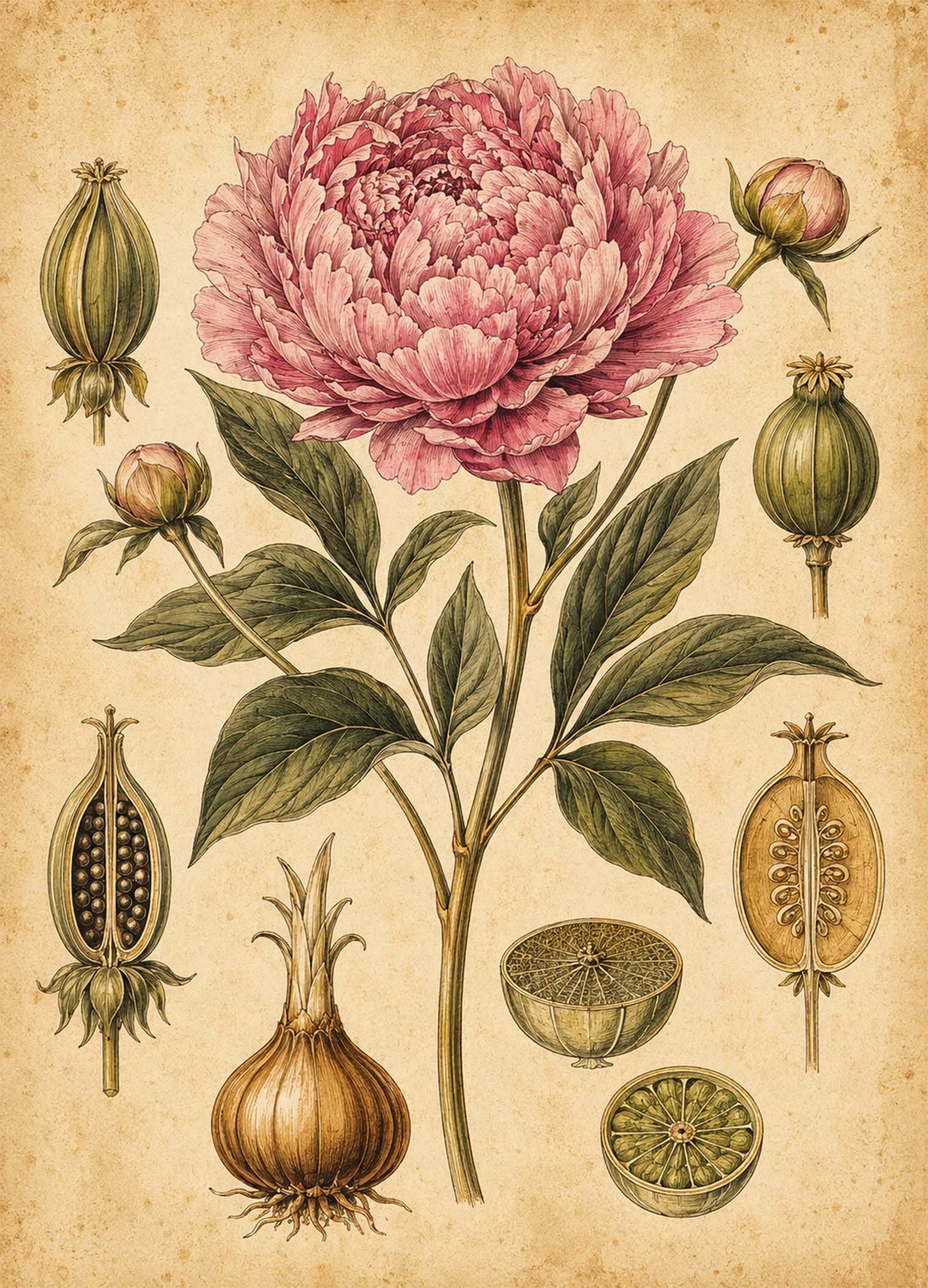Affiche représentant une grande pivoine rose au style botanique ancien, entourée de graines et de bulbes finement illustrés. Le rendu est délicat, précis et plein de charme, avec une vraie sensation d'herbier décoratif