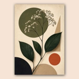 Illustration botanique moderne avec feuilles sombres, fleurs blanches et palette beige, vert olive et terracotta