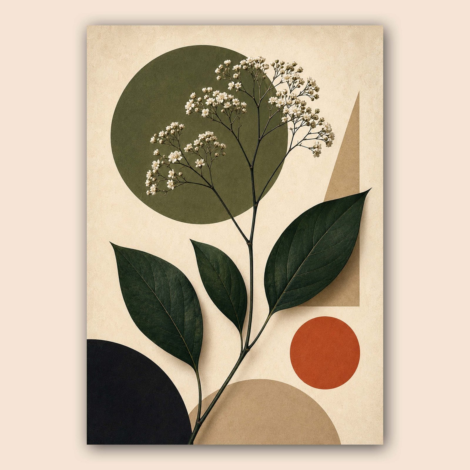 Illustration botanique moderne avec feuilles sombres, fleurs blanches et palette beige, vert olive et terracotta