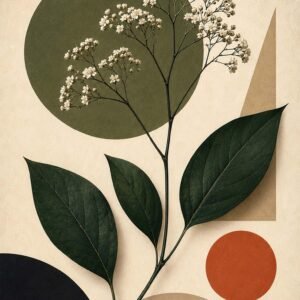 Affiche représentant une composition botanique élégante, entre nature et graphisme. Les grandes feuilles sombres apportent de la profondeur, tandis que les petites fleurs blanches adoucissent l’ensemble