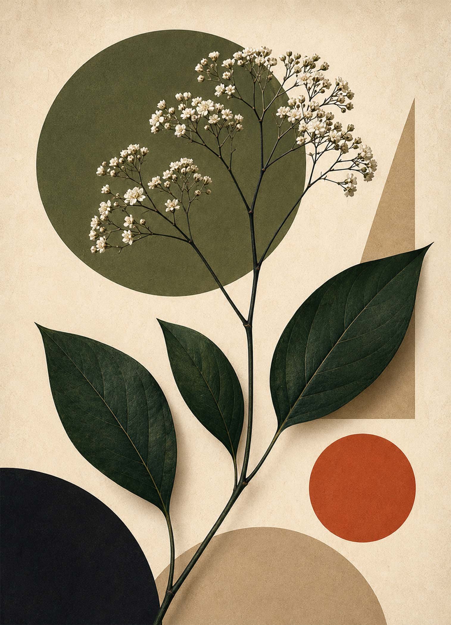 Affiche représentant une composition botanique élégante, entre nature et graphisme. Les grandes feuilles sombres apportent de la profondeur, tandis que les petites fleurs blanches adoucissent l’ensemble