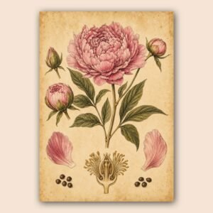 Fleur botanique rose illustrée sur fond beige vieilli