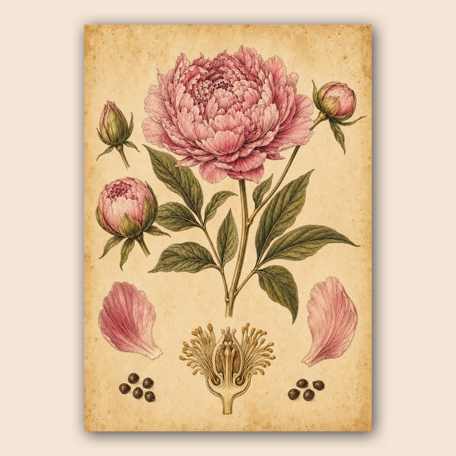 Fleur botanique rose illustrée sur fond beige vieilli