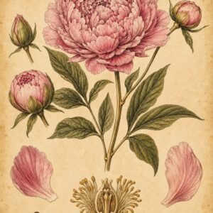 Affiche représentant une fleur botanique rose au charme ancien, dessinée avec beaucoup de finesse. Le fond patiné et les détails naturalistes lui donnent un vrai esprit illustration d’herbier, doux et élégant