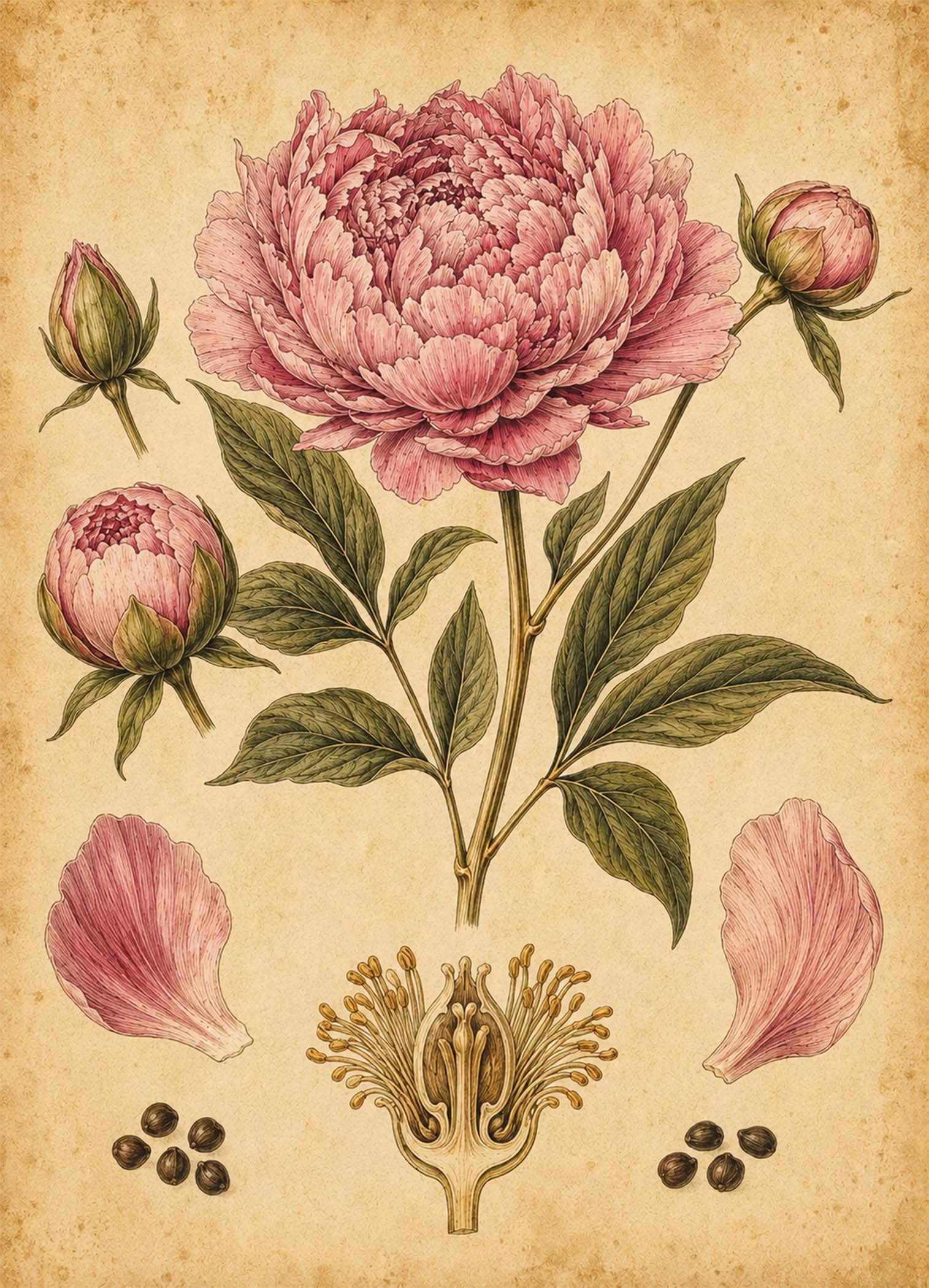 Affiche représentant une fleur botanique rose au charme ancien, dessinée avec beaucoup de finesse. Le fond patiné et les détails naturalistes lui donnent un vrai esprit illustration d’herbier, doux et élégant