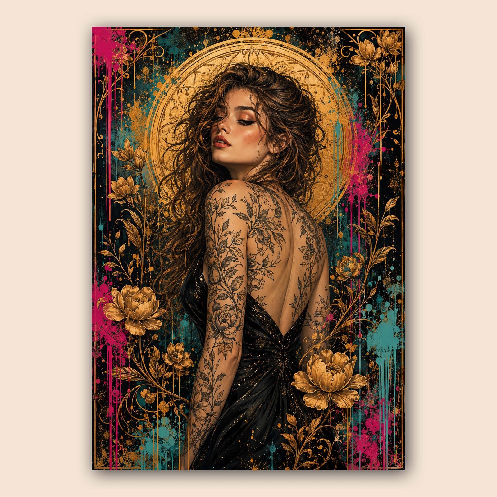 Affiche décorative portrait féminin avec fleurs dorées