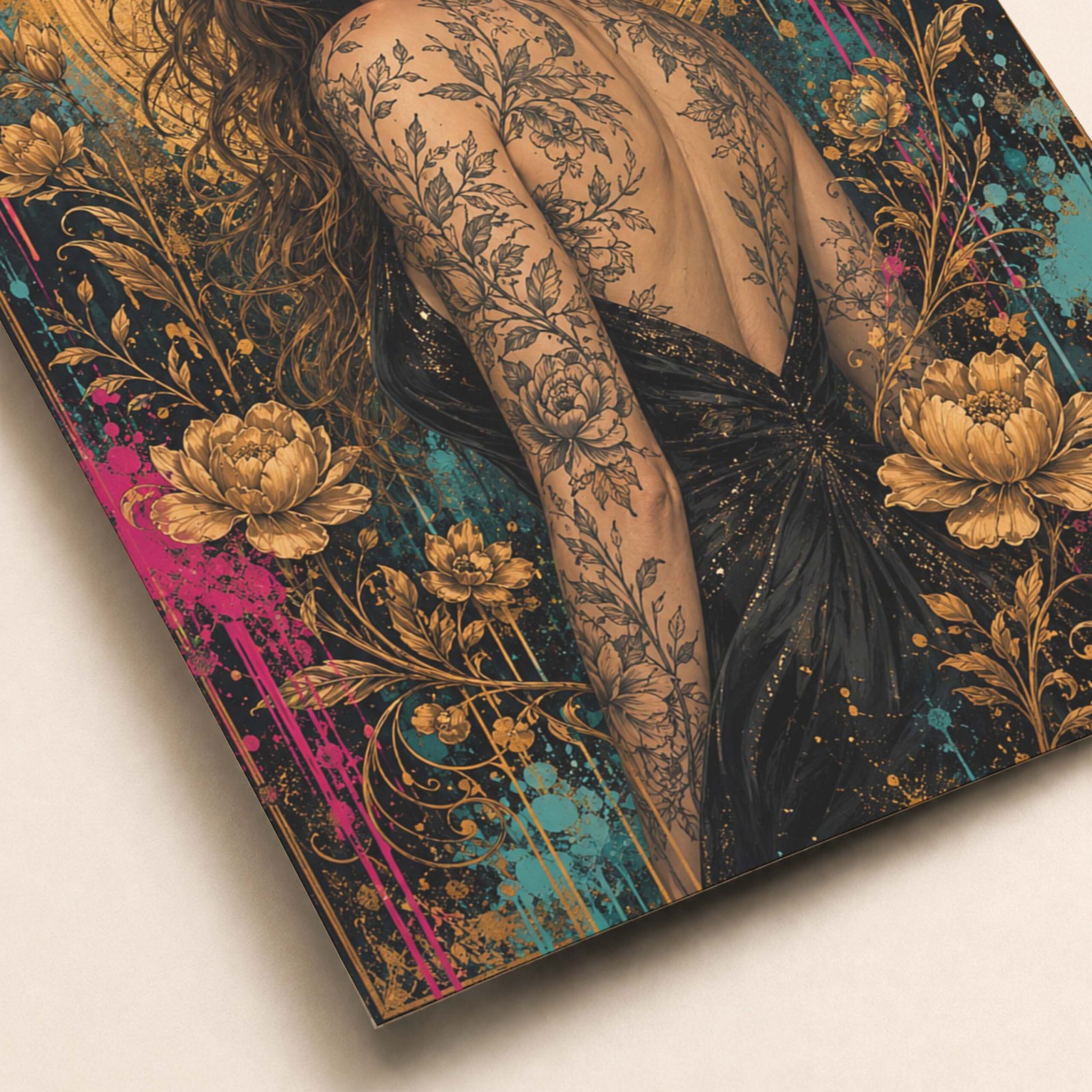 Détail du portrait floral doré et des motifs décoratifs