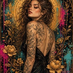 Affiche représentant un portrait féminin intense, entouré de fleurs dorées et de motifs graphiques riches en contraste. Le fond sombre rehaussé de touches turquoise et fuchsia crée un effet visuel fort, à la fois moderne et décoratif