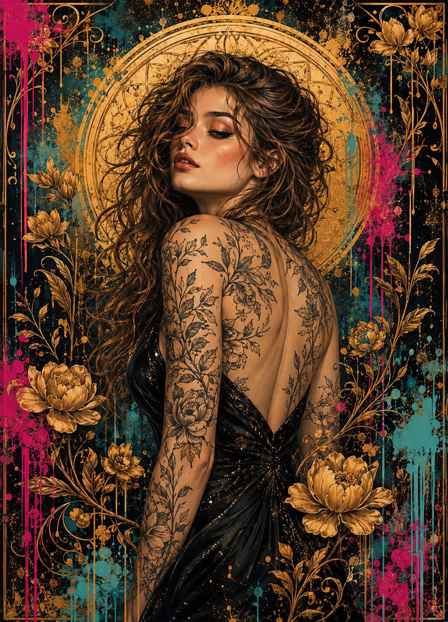 Affiche représentant un portrait féminin intense, entouré de fleurs dorées et de motifs graphiques riches en contraste. Le fond sombre rehaussé de touches turquoise et fuchsia crée un effet visuel fort, à la fois moderne et décoratif