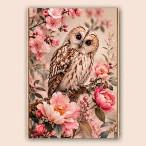 Illustration d’une chouette sur une branche avec fleurs roses
