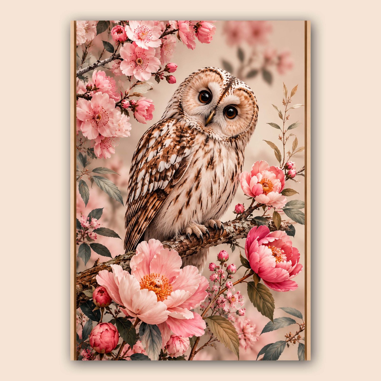 Illustration d’une chouette sur une branche avec fleurs roses