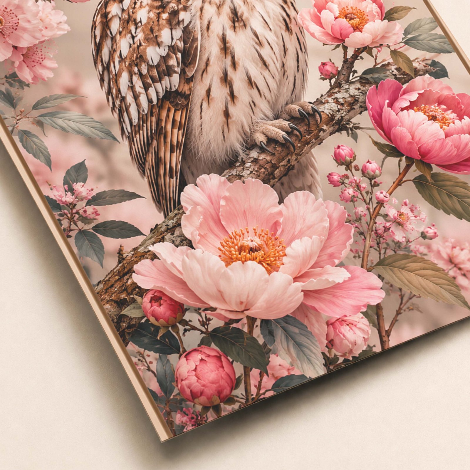 Détail de la chouette et des fleurs roses