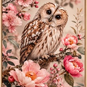 Affiche représentant une composition autour de chouette florale rose