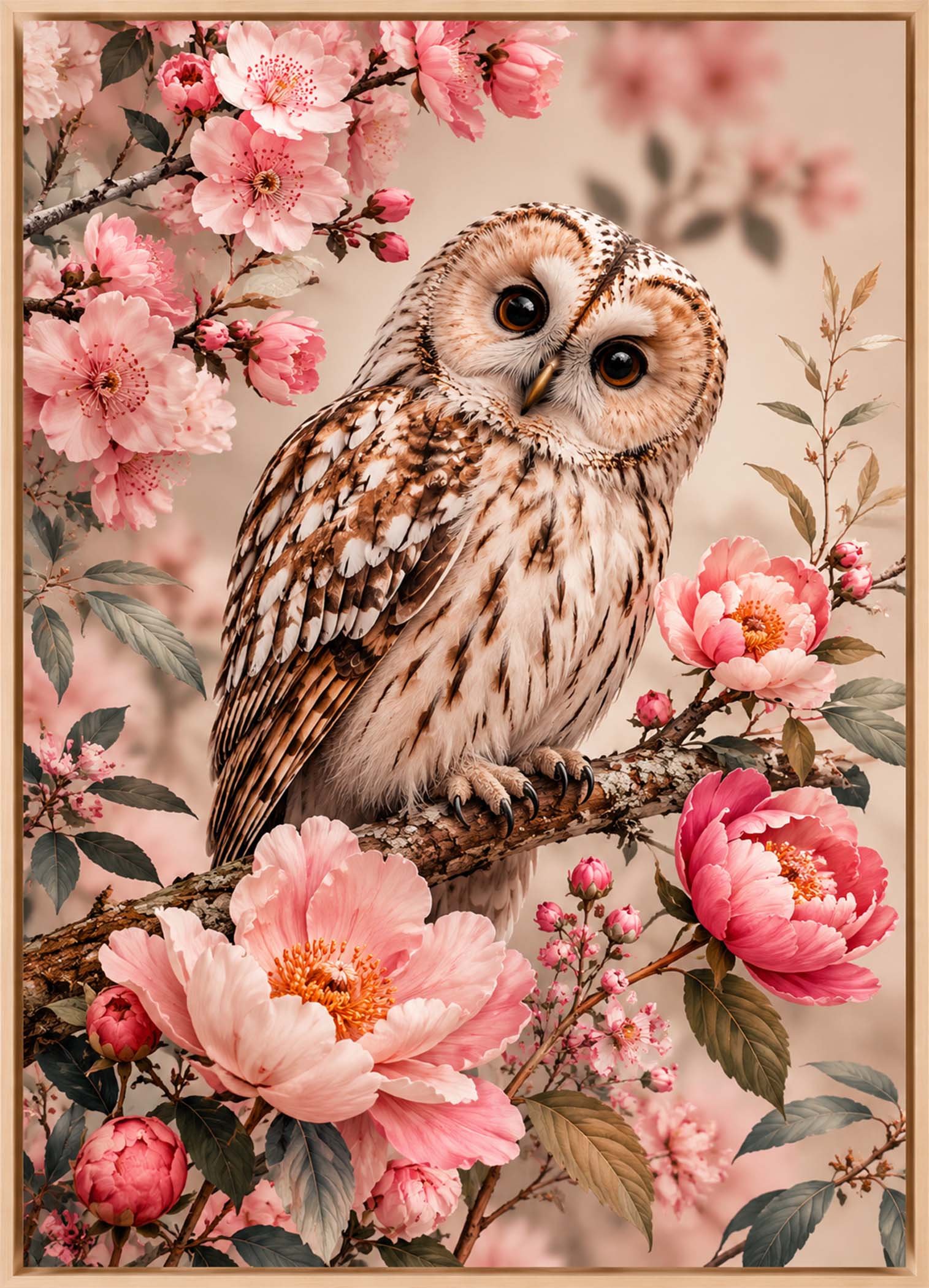 Affiche représentant une composition autour de chouette florale rose