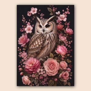 Affiche hibou floral rose en composition centrale