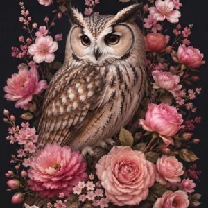 Affiche représentant Un hibou au regard intense se détache au centre d’une composition florale généreuse, tout en nuances de roses et de tons naturels. Le fond sombre met en valeur chaque détail et donne à l’ensemble une présence forte, presque théâtrale