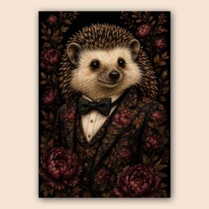 Portrait d’un hérisson en costume avec fleurs bordeaux