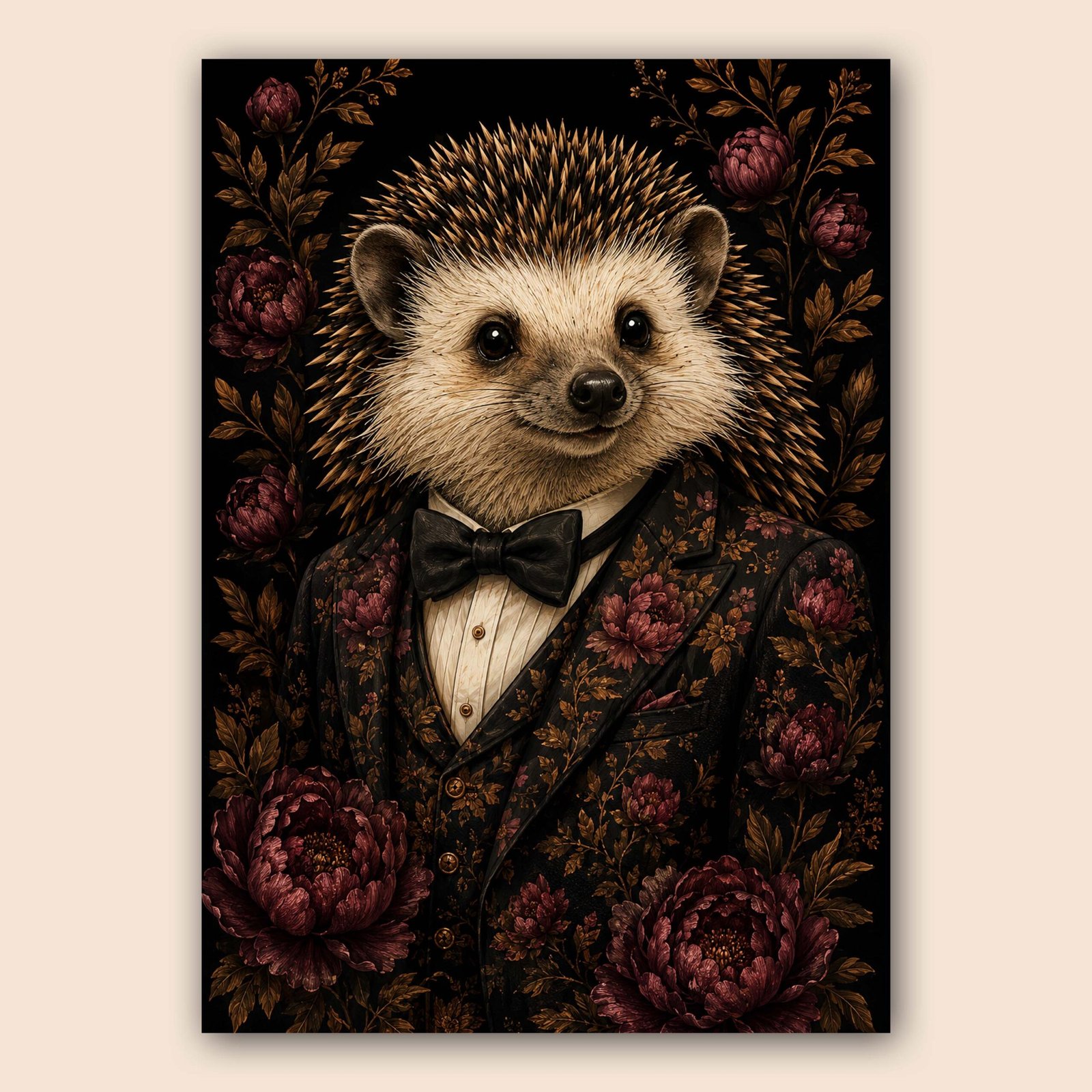 Portrait d’un hérisson en costume avec fleurs bordeaux