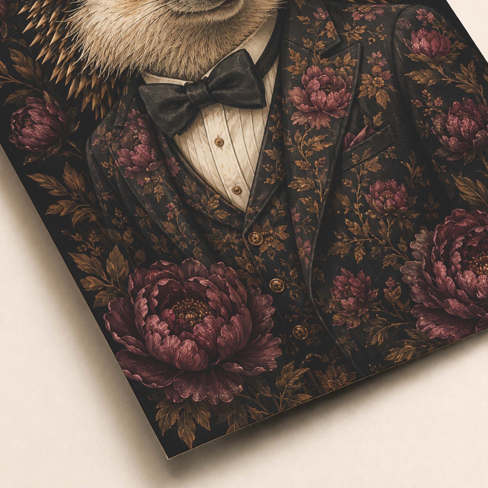 Détail du hérisson en costume fleuri et nœud papillon