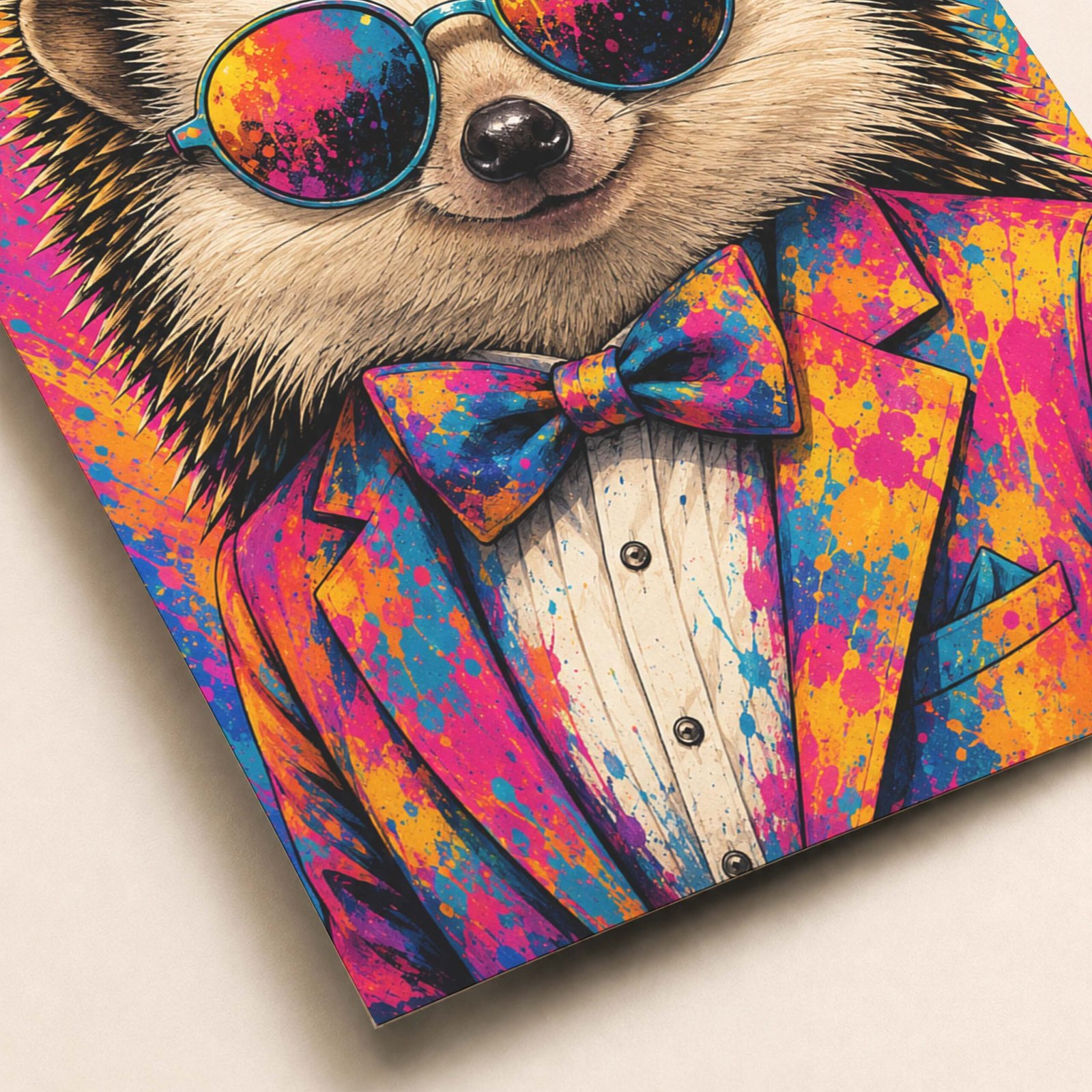 Détail de l'affiche hérisson avec lunettes et costume multicolore
