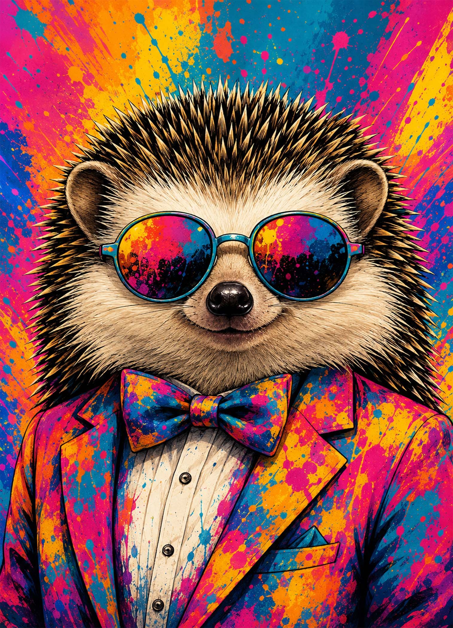 Affiche représentant une composition autour de hérisson pop coloré