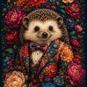 Affiche représentant une composition autour de hérisson floral bleu nuit