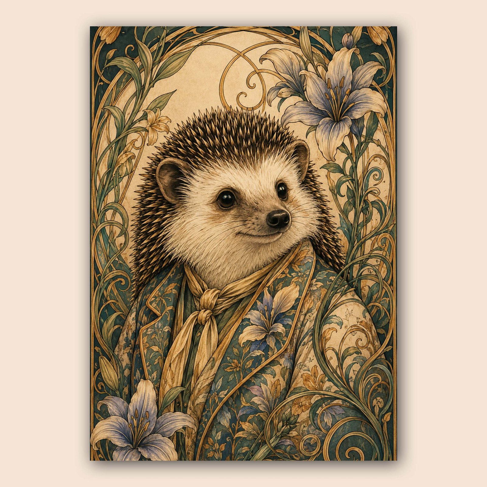 Illustration d'un hérisson élégant dans un décor floral