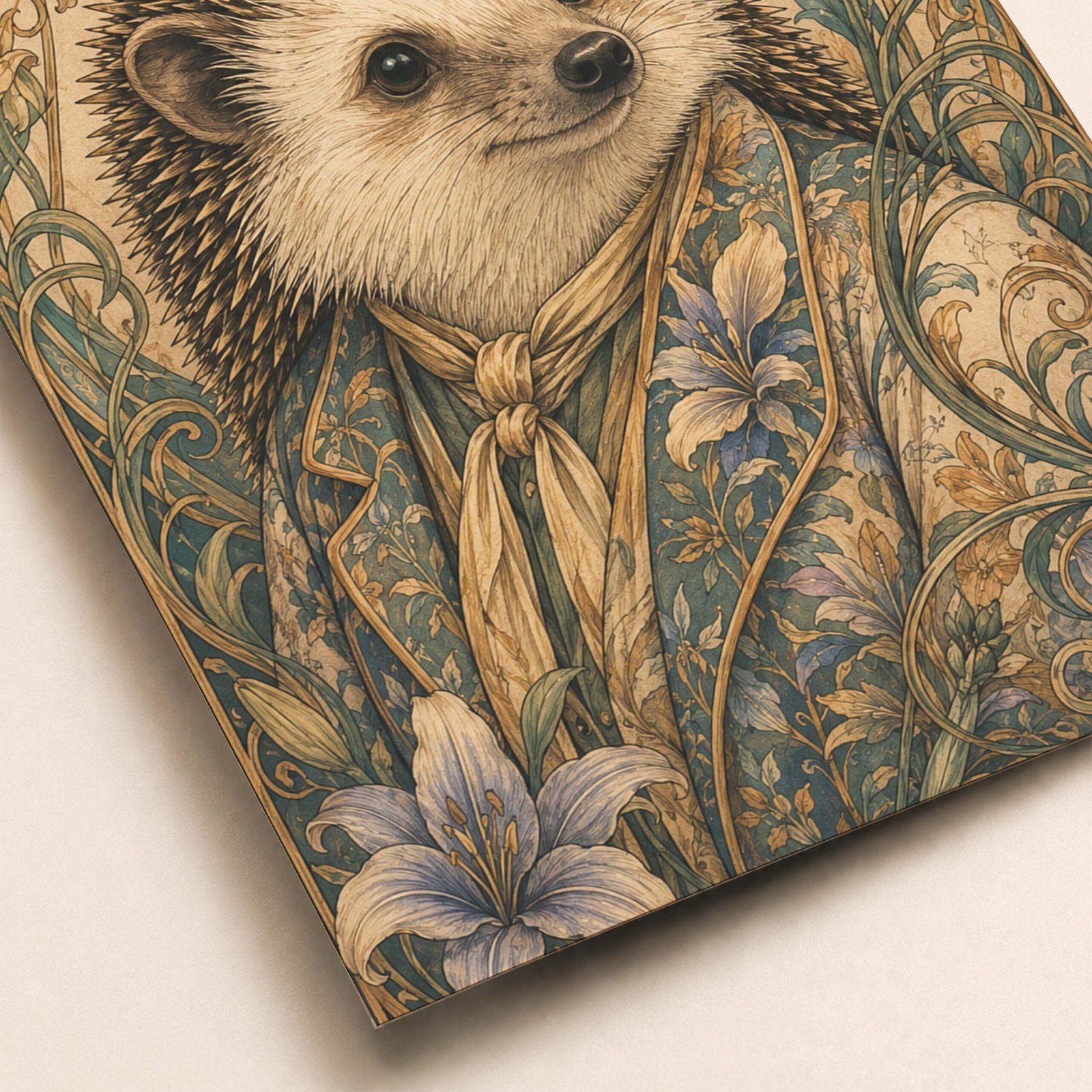 Zoom sur le hérisson et les motifs floraux décoratifs