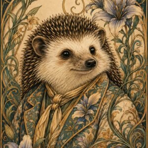Affiche représentant un hérisson au regard doux, habillé d’un motif floral riche et délicat. Les arabesques végétales et les grandes fleurs apportent une vraie présence décorative, à la fois tendre et élégante
