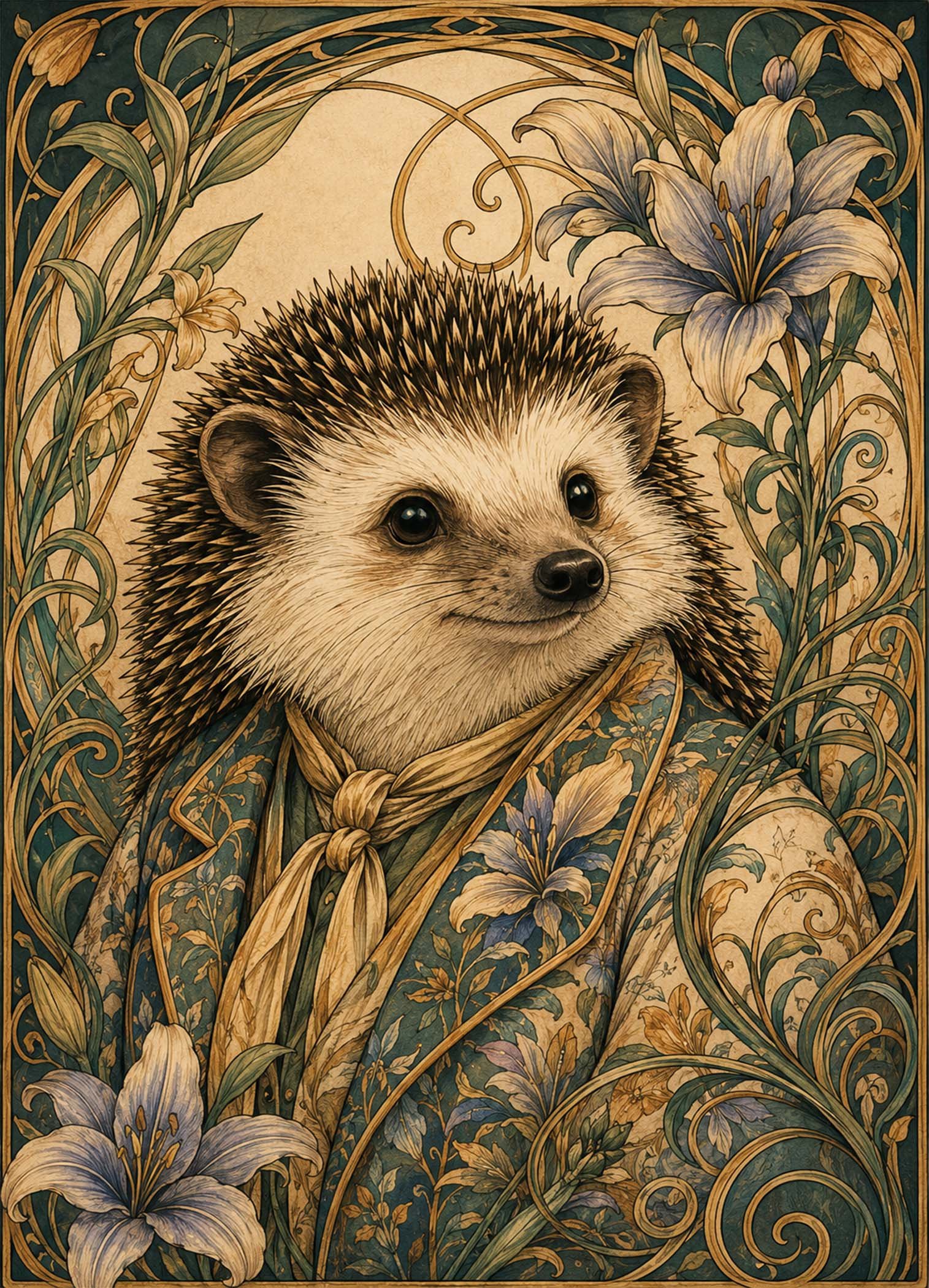 Affiche représentant un hérisson au regard doux, habillé d’un motif floral riche et délicat. Les arabesques végétales et les grandes fleurs apportent une vraie présence décorative, à la fois tendre et élégante
