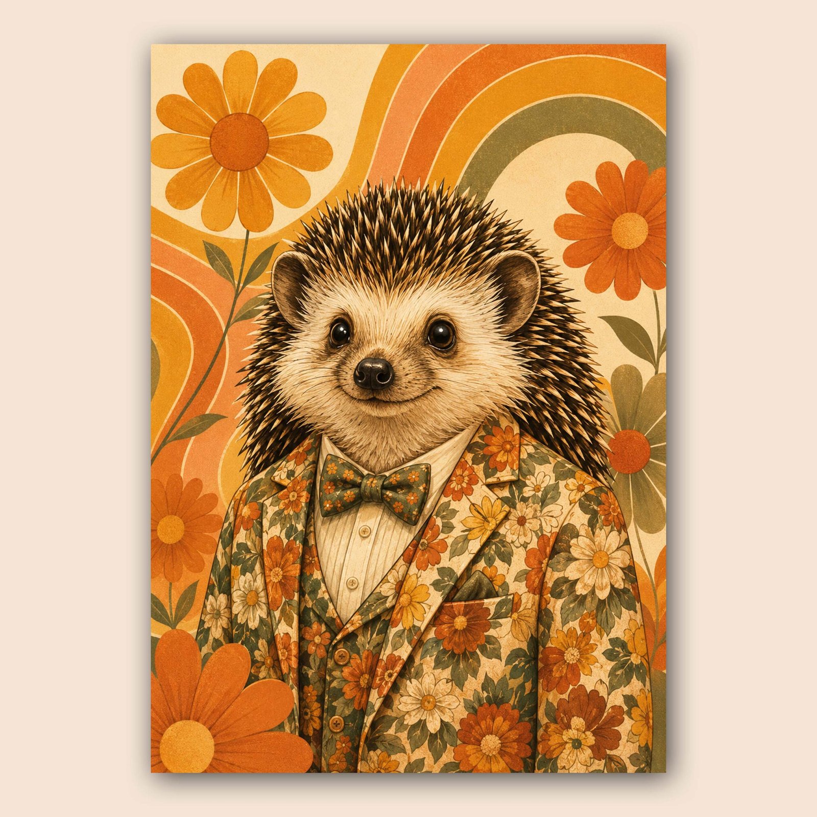 Affiche hérisson fleuri style rétro décoratif