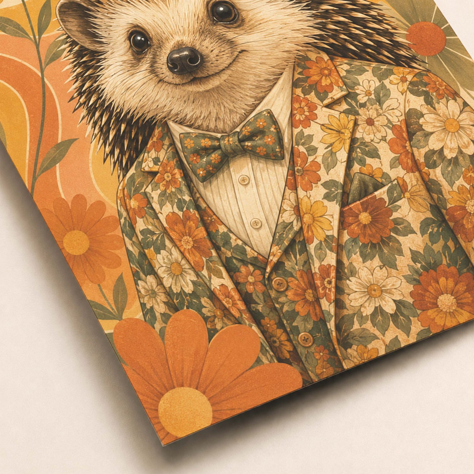 Zoom sur le hérisson en costume fleuri