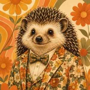 Affiche représentant une composition autour de hérisson fleuri rétro