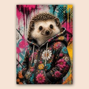 Affiche hérisson en hoodie fleuri avec fond graffiti coloré