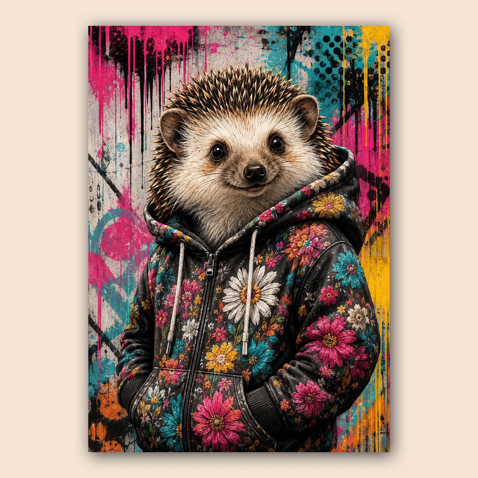 Affiche hérisson en hoodie fleuri avec fond graffiti coloré