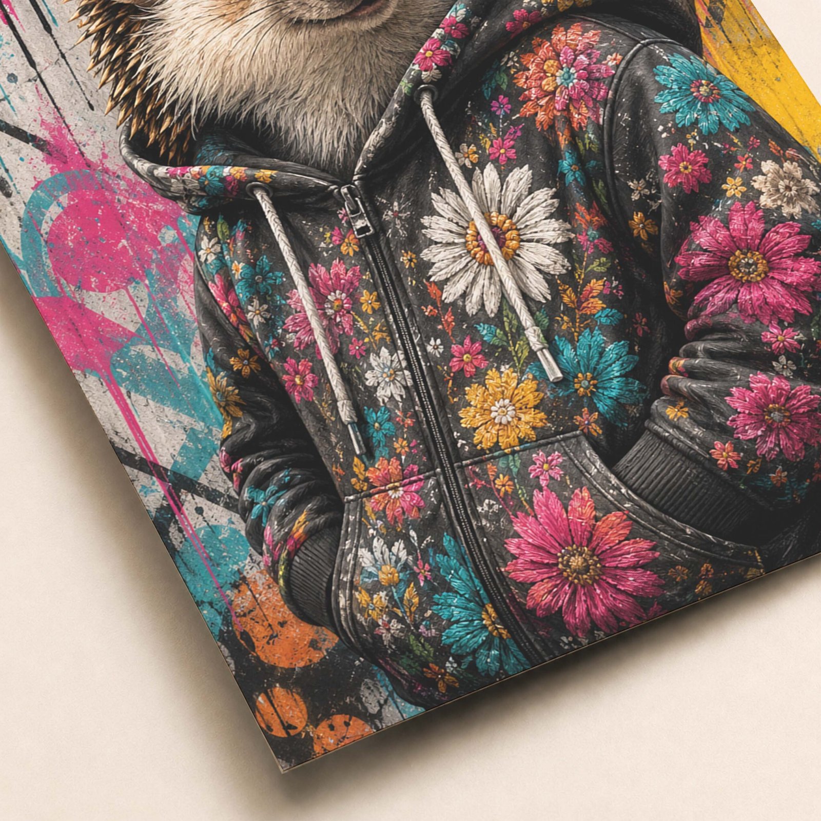 Détail du hérisson en hoodie fleuri et du fond graffiti