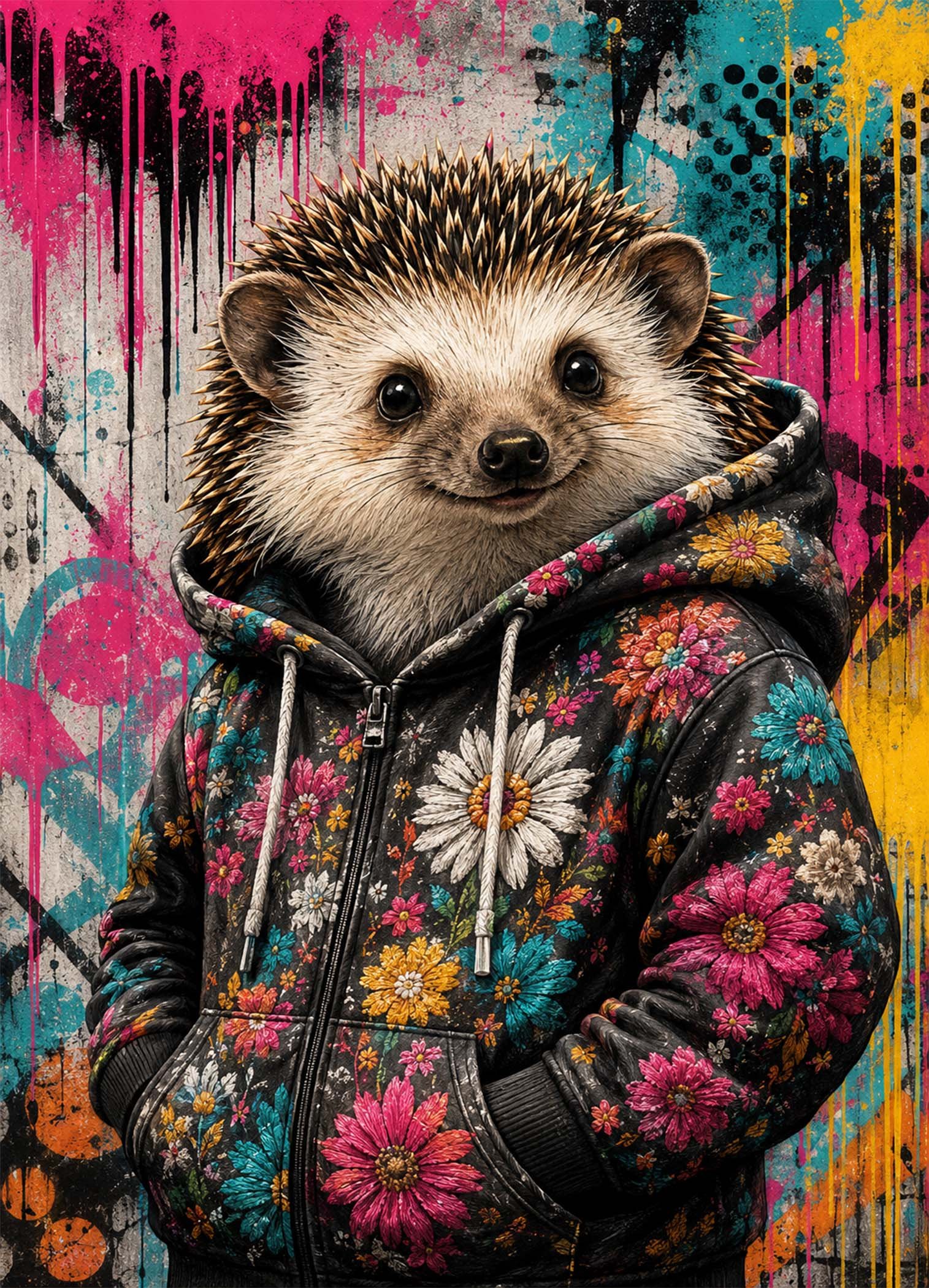 Affiche représentant une composition autour de hérisson fleuri pop