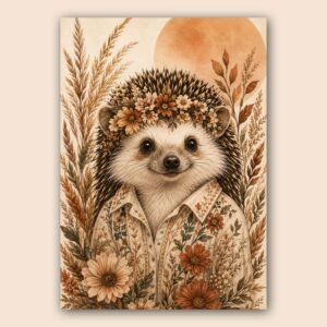 Illustration d’un hérisson avec fleurs et tenue botanique dans des tons chauds
