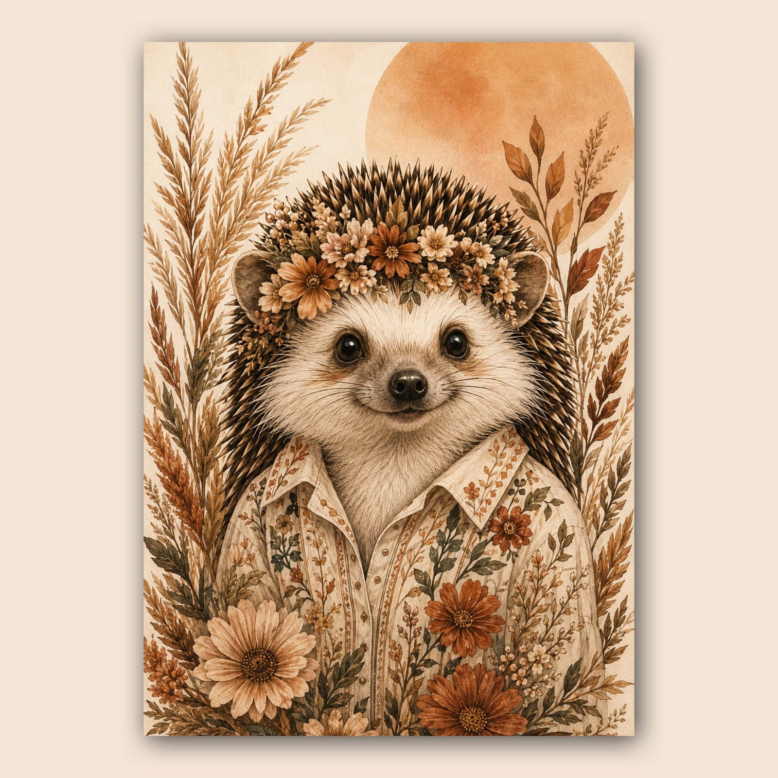 Illustration d’un hérisson avec fleurs et tenue botanique dans des tons chauds